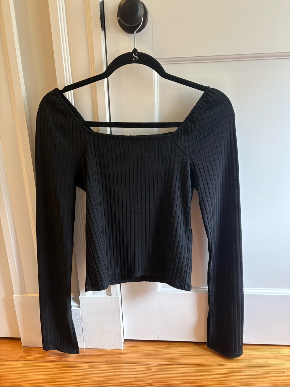 Madewell Black Ribbed Square-Neck Off-Shoulder Long Sleeve Top